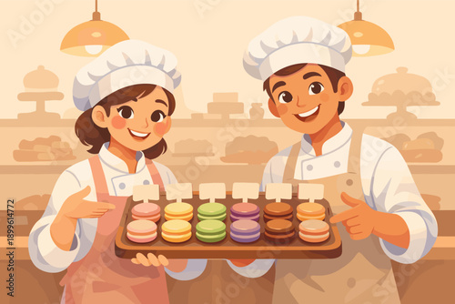 Smiling young caucasian bakers display colorful macarons in bakery