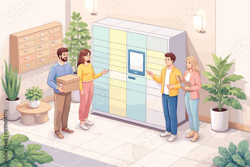 Caucasian group using smart parcel locker in modern office lobby setting