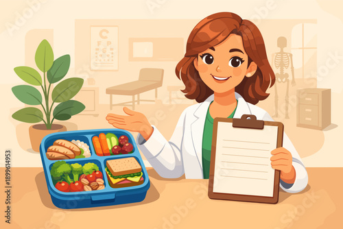 Female nutritionist presenting healthy lunchbox and clipboard in office setting