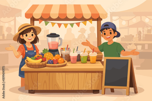 Young asian male and female at juice stand in outdoor market with fresh fruits and smoothies