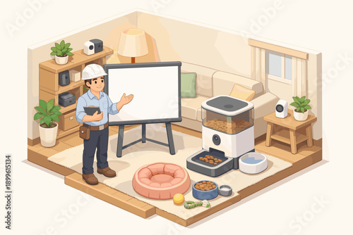 Asian male engineer in modern pet-friendly smart home living room with automation features