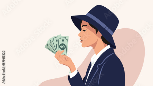 Elegant woman wearing a dark blue suit and hat looks thoughtfully at a fan of dollar bills held in her hand against a soft background.