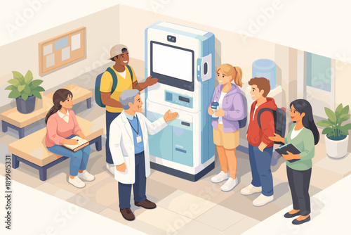 Diverse group of young adults in a waiting room interacting with medical staff