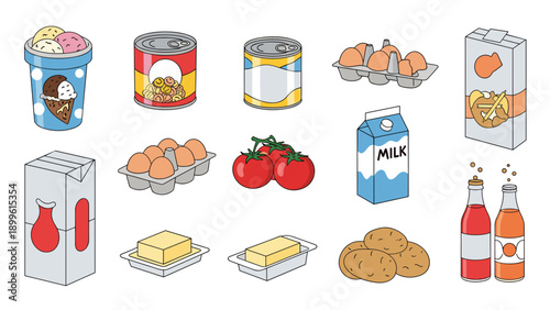 Assortment of common grocery store products includes eggs milk butter canned goods tomatoes ice cream and beverages in various containers.