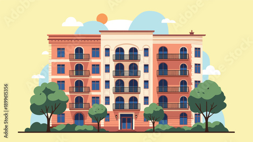Modern multi story residential apartment building with classic architectural details balconies and green trees is shown on a sunny day.