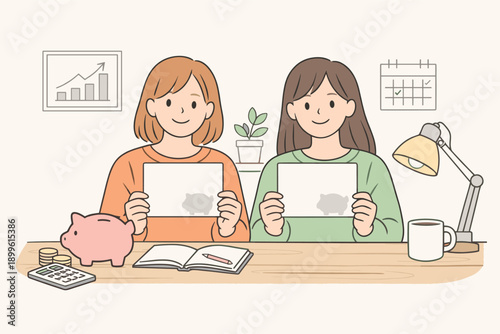 Two young caucasian female illustrations holding savings papers at desk