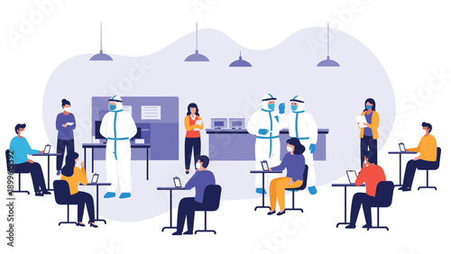 People wearing face masks and protective suits work in a modern office or clinic environment to ensure safety during a health crisis.