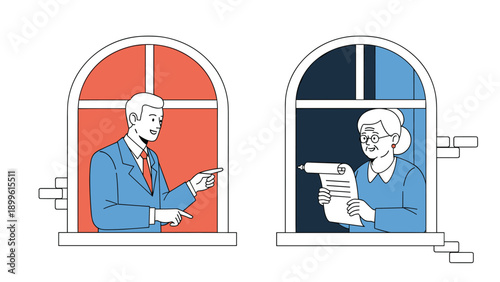 Social distancing scene shows a man and an elderly woman communicating from their respective windows in a brick building.
