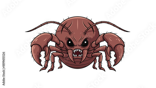 Ferocious brown monster insect with large pincers and sharp teeth stares menacingly on a clean white background.