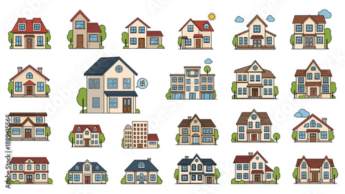 Large collection of suburban and urban house styles with different architectures, colors, and landscaping features.