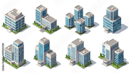 Diverse collection of modern isometric office buildings and skyscrapers with glass facades and green landscaping.