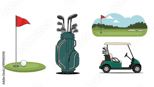 Golf themed collection includes a hole with a flag, a golf ball, a full bag of clubs, a cart, and a scenic course.