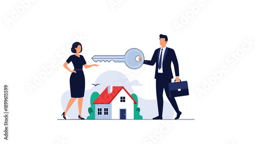 Professional male realtor in a suit hands over a large house key to a female client in front of a small cottage.