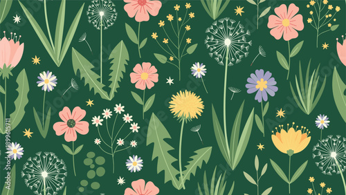 Beautiful seamless floral pattern featuring various colorful wild flowers and dandelions on a dark green background for textile designs.