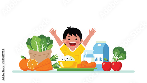 Happy young boy celebrating with a wide variety of healthy food items including fresh vegetables, milk, fruit, and a bowl of rice.