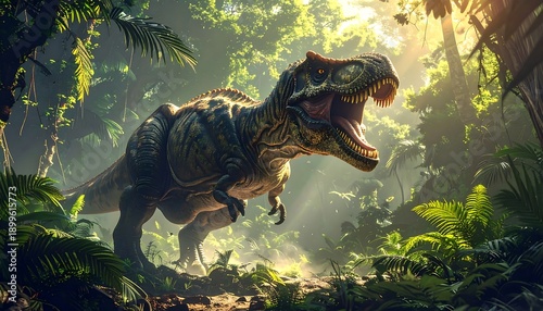 Prehistoric Tyrannosaurus Rex in Jungle Environment.
