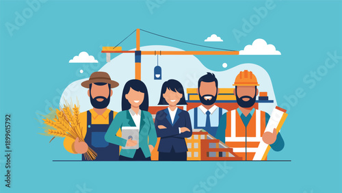 Diverse group of professionals including a farmer, business people, and construction workers standing together to represent team unity.