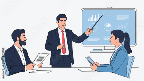 Confident businessman gives a data driven presentation to his colleagues by pointing at a screen filled with various charts and graphs.