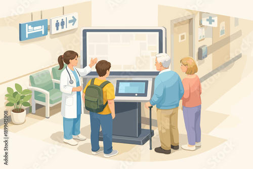 Hospital lobby interactive kiosk with diverse group and doctor demonstrating features