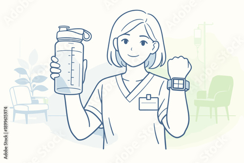 Female asian young nurse smiling with water bottle and smartwatch in hospital room