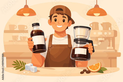 Young hispanic male barista holding coffee bottle and pot in a cafe setting