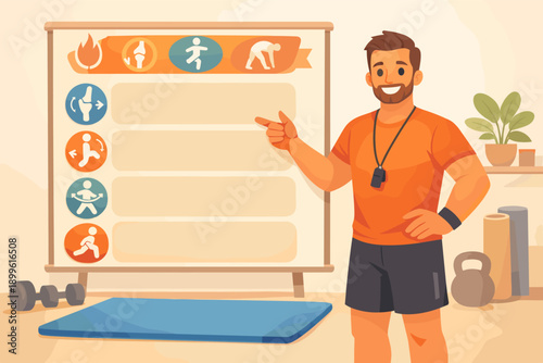 Male fitness trainer presenting workout plan in gym setting with exercise icons