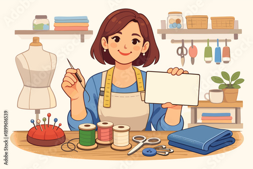 Female asian young adult seamstress in workshop with sewing tools