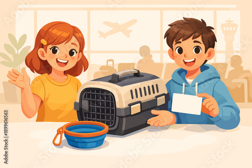 Happy caucasian kids at airport with pet carrier waiting for flight