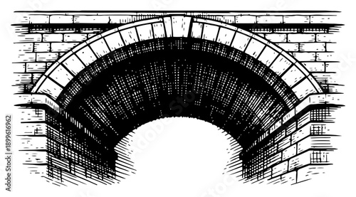Architectural stone arch bridge masonry detail in vintage woodcut hatching style