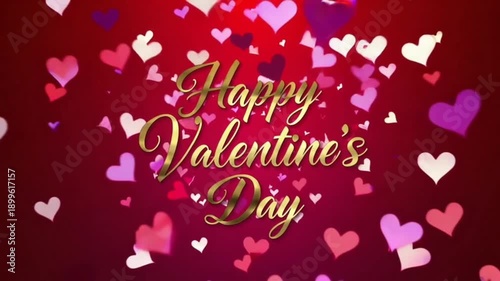 Happy Valentines Day with fly hearts on red gradient
