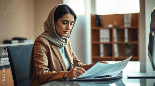 Middle Eastern woman working on financial reports at desk, professional attire, modern workspace
