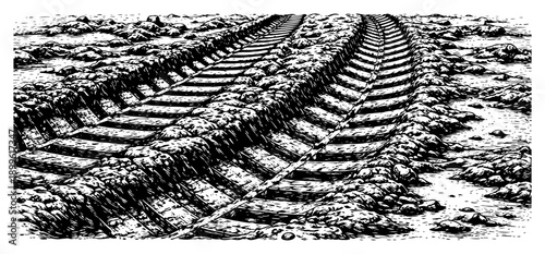 Heavy machinery tire tracks in mud woodcut engraving style illustration