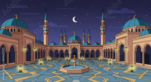 Islamic Mosque at Night with Crescent Moon, Vector Illustration, Blue Domes and Minarets, Fountain Courtyard