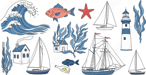 Nautical Ocean Illustration Set with Waves Sailboats Lighthouse Fish Seaweed and Coastal Maritime Elements in Hand Drawn Style