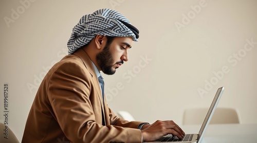 Side view of Arab businessman analyzing data on laptop, minimalist office,