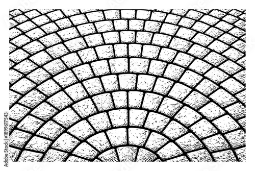 Circular fan pattern of cobblestone pavement in vintage woodcut engraving style