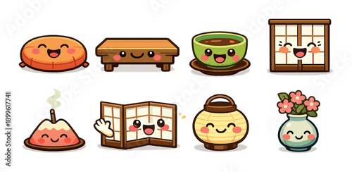 Cute kawaii style icons of japanese culture including mochi and tatami