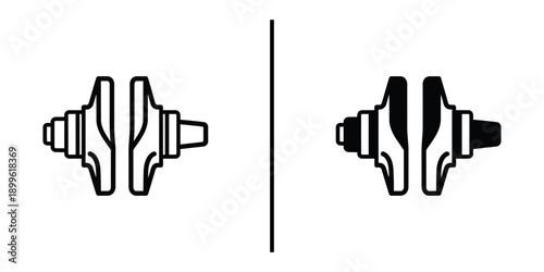 A pair of black and white earbuds facing opposite directions on a plain background