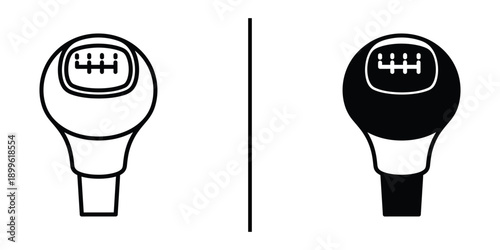 A black and white illustration of a gearshift knob with a five-speed pattern in a minimalist style