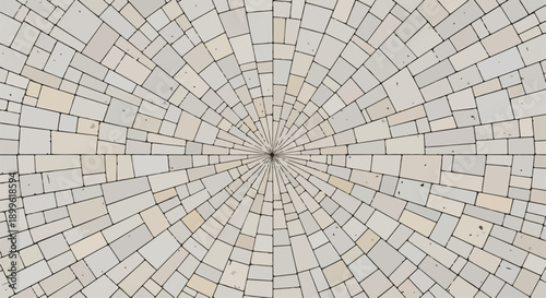 Radial mosaic tile pattern vector background, beige and grey geometric brick texture, abstract concentric stone pavement design