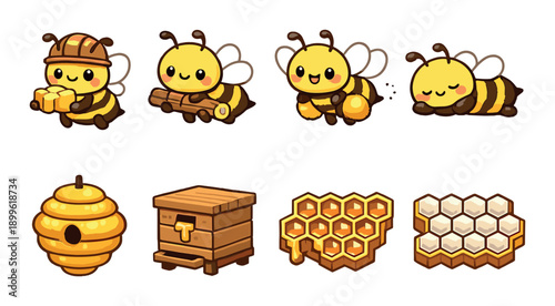 Cute cartoon bees with honeycomb and beehive icons