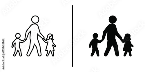 A simple illustration of a father and his children in two different styles.