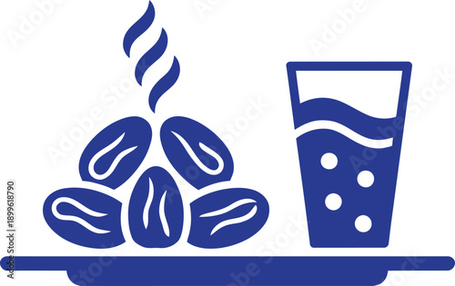Iftar dates and water bottle icon. Ramadan fasting break, healthy Islamic meal, traditional religion food. Vector illustration