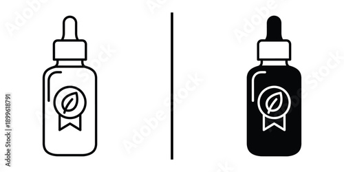 A simple black and white illustration of two dropper bottles with a logo on a clean background