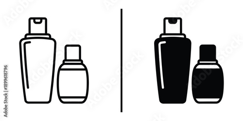 A simple black and white illustration of cosmetic bottles in different colors and sizes.