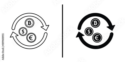 A simple black and white illustration of a circular exchange between three currencies