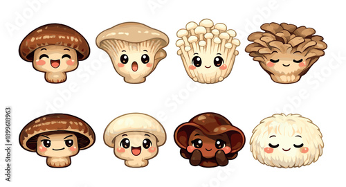 Cute cartoon mushrooms with faces: kawaii art of various mushroom types smiling
