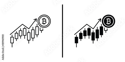 A graphic illustration of Bitcoin candlestick charts showing upward trends on a white background
