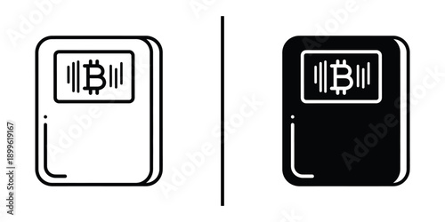 A black and white illustration of two smartphone icons with a Bitcoin symbol on the screen.