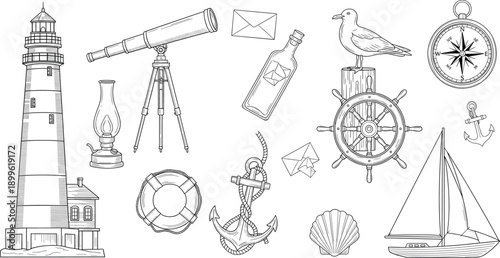 Nautical Vintage Line Icon Set with Lighthouse Telescope Anchor Compass Sailboat and Maritime Symbols for Engraved Retro Sea Designs